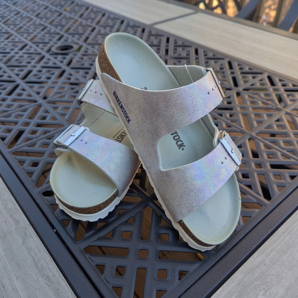 Birkenstock Arizona 39 Vegan Silver Green Iridescent Sandals